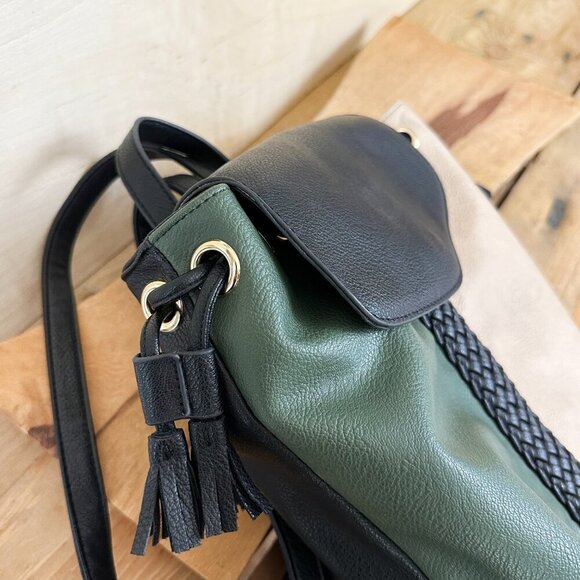 Lionel Los Angeles Backpack Tassels Vegan Leather Black‎ Green Cream NEW - Picture 4 of 11